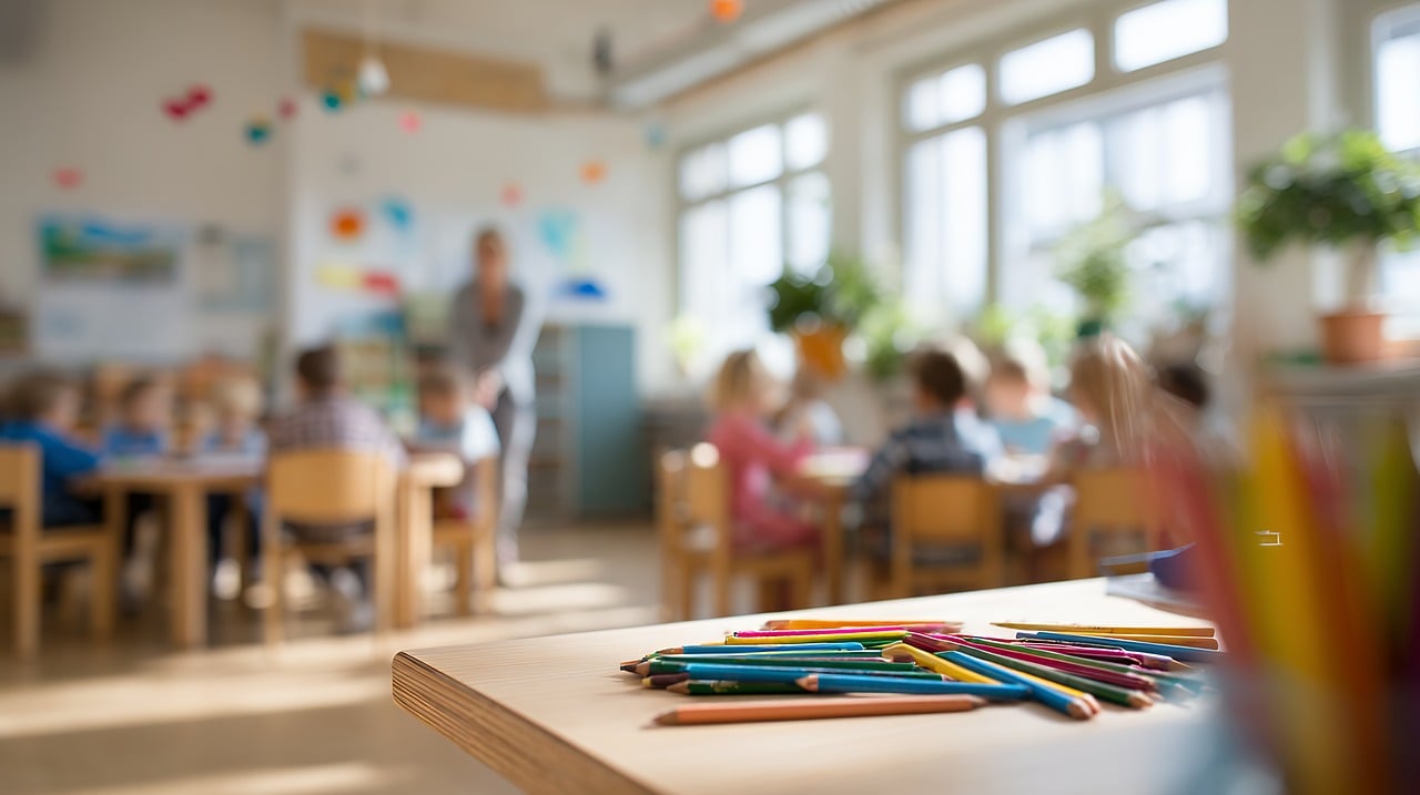 Children sitting on the floor of a bright classroom during story time