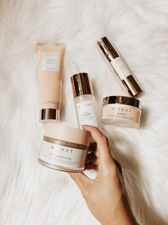 Beauty and skincare products flat lay