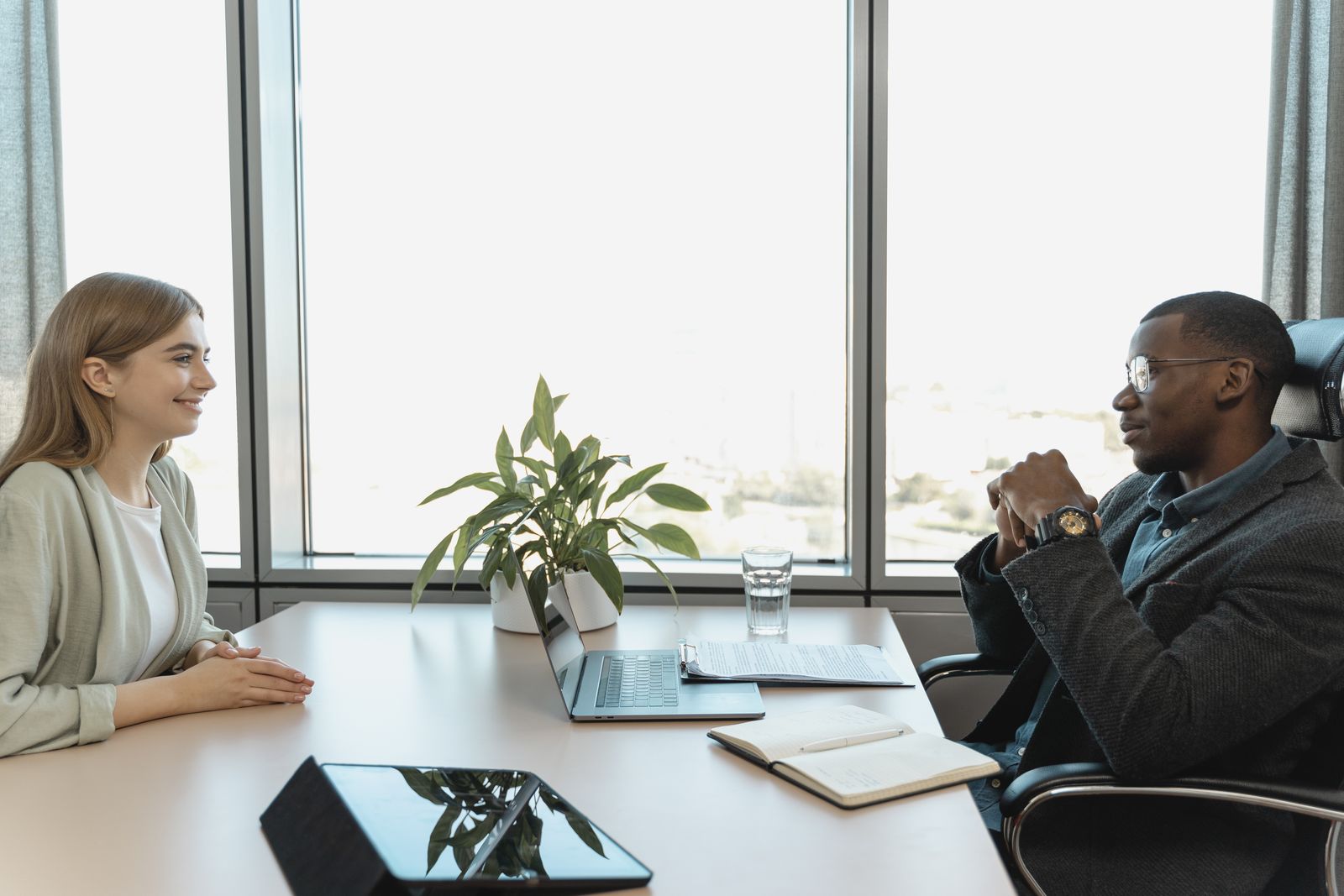 A woman having a job interview in an office setting