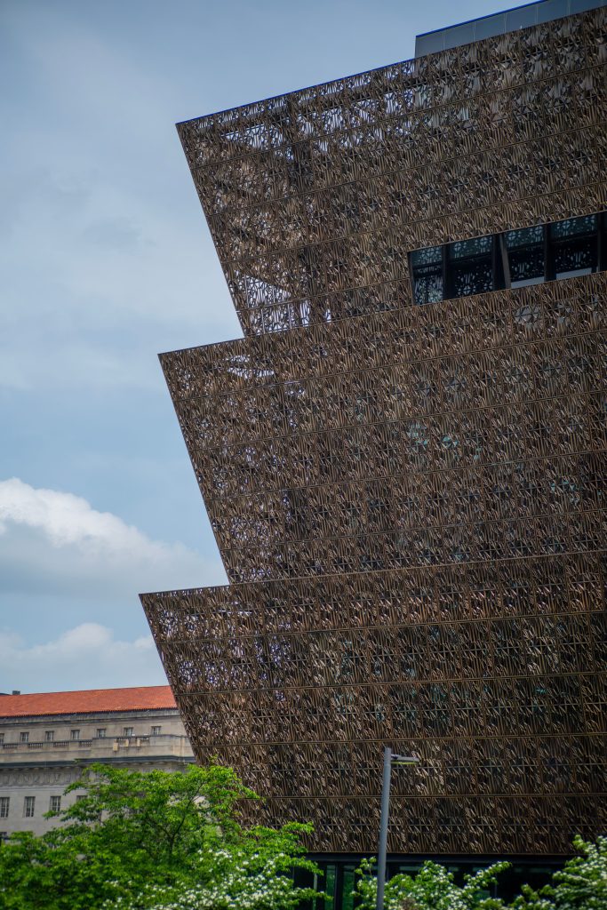 Bronze facade of the National Museum of African American History and Culture in Washington DC