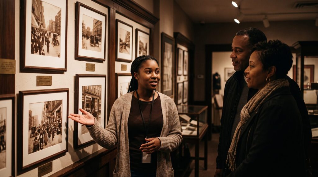Young Black museum docent explaining sepia archival photographs to a middle aged couple in a gallery