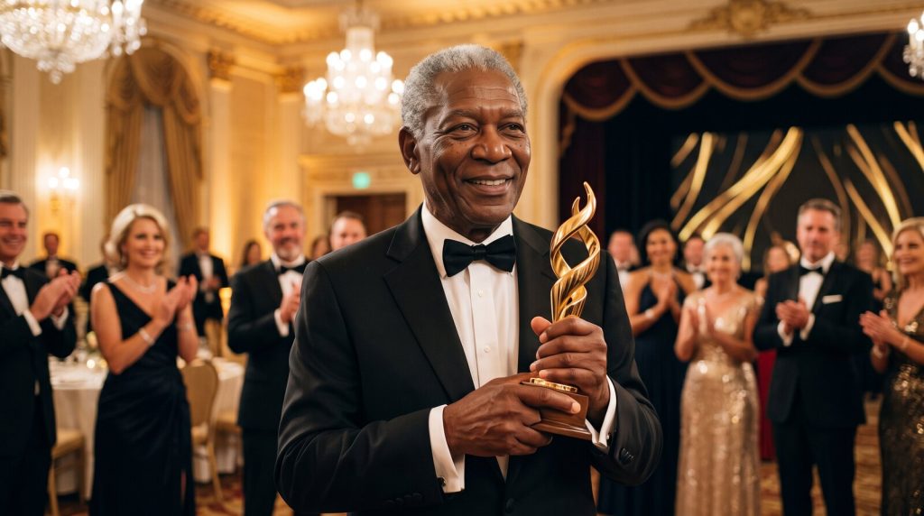 A smiling older Black man in a tuxedo holds a gold trophy at an elegant awards gala