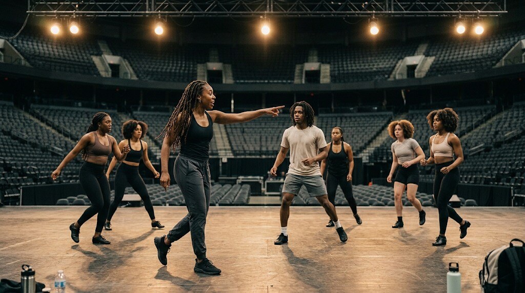 A Black woman choreographer leads dancers through a rehearsal on a large lit stage