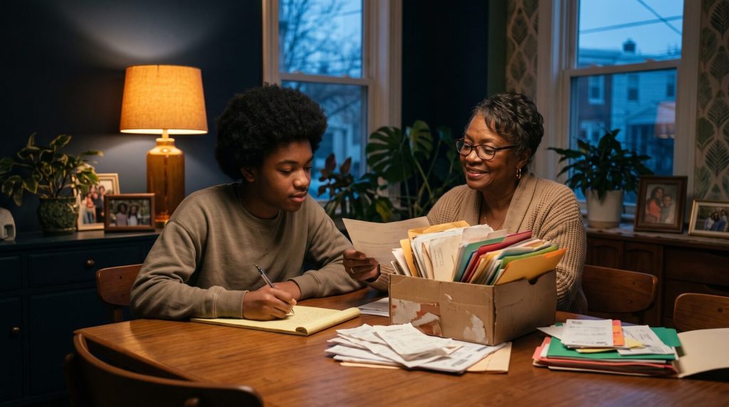 Black grandmother and teenage grandson sorting tax papers at a dining table at dusk