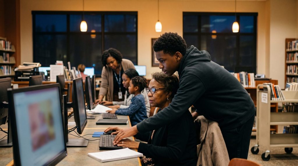 Black teen helping his grandmother on a phone at a church hall table at night