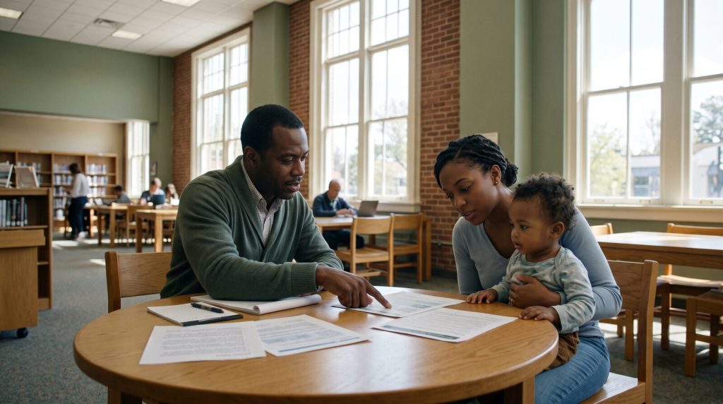 Community helper reviewing papers with a young Black mother and toddler at a library table