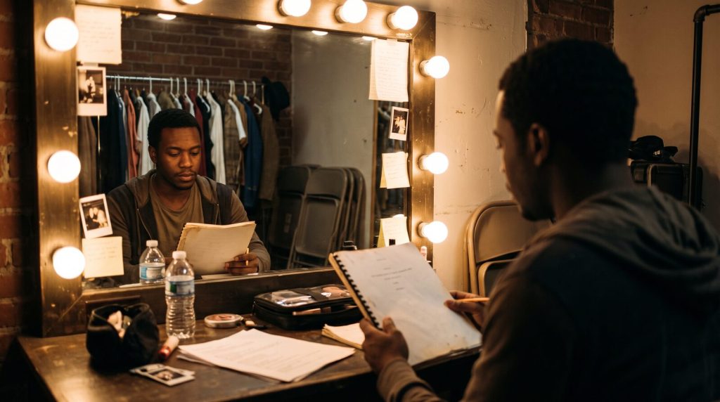Black actor at a lit dressing room mirror thoughtfully reading a script backstage