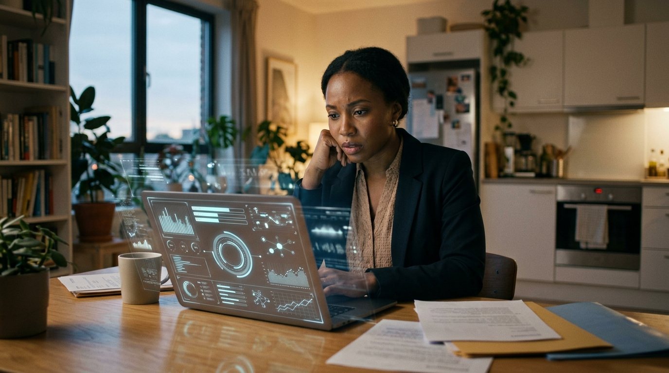 A Black woman job seeker looks at an automated hiring screen on her laptop