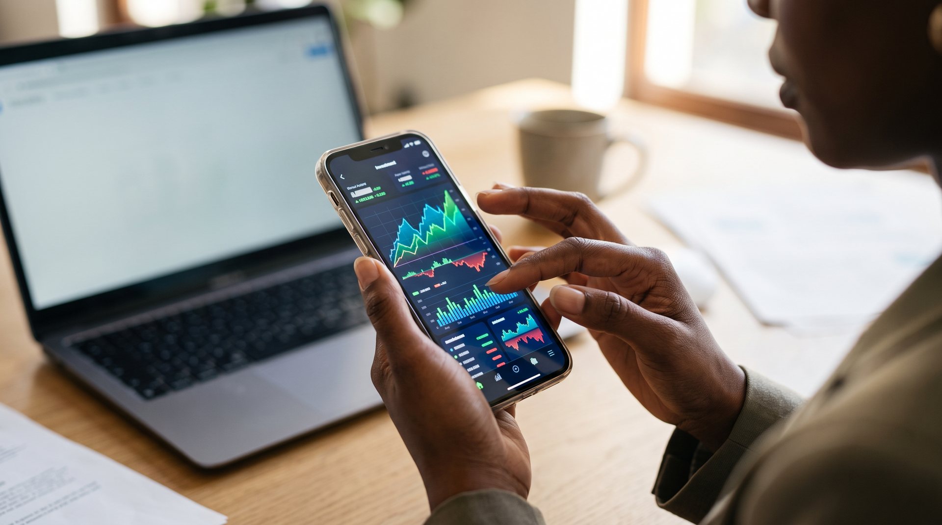 A Black woman checks an investing app on her phone