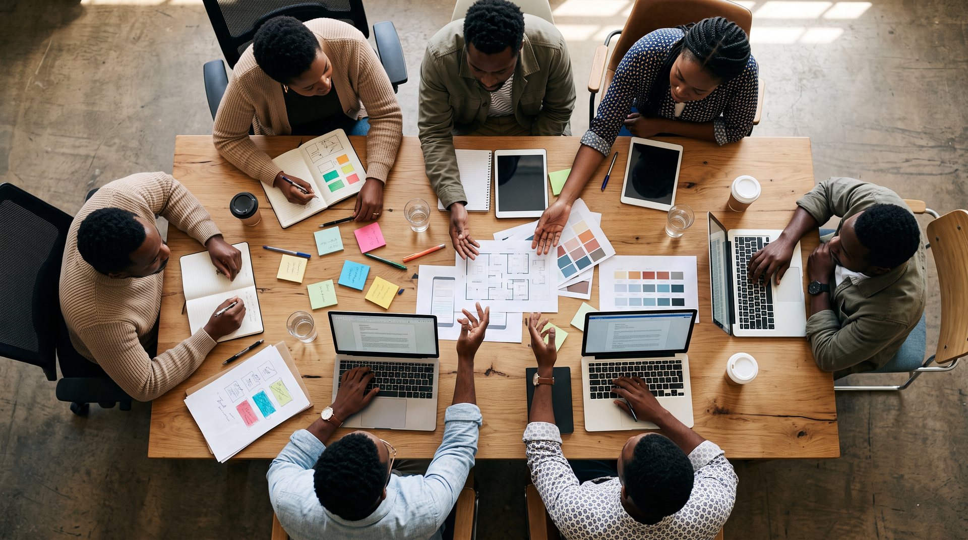 Overhead view of Black small business owners working with laptops and tablets