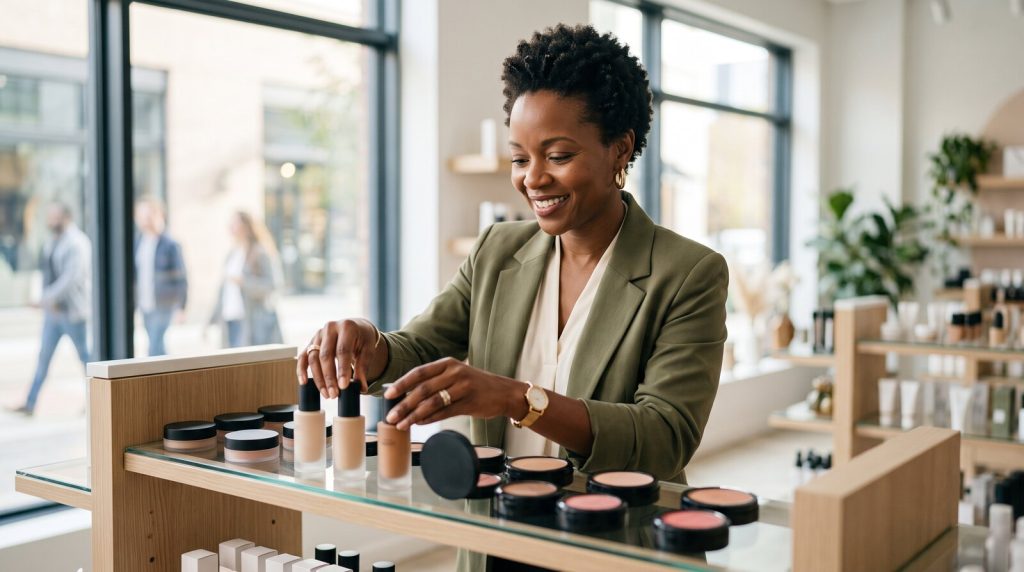Smiling Black woman entrepreneur arranging makeup products on a bright retail display shelf