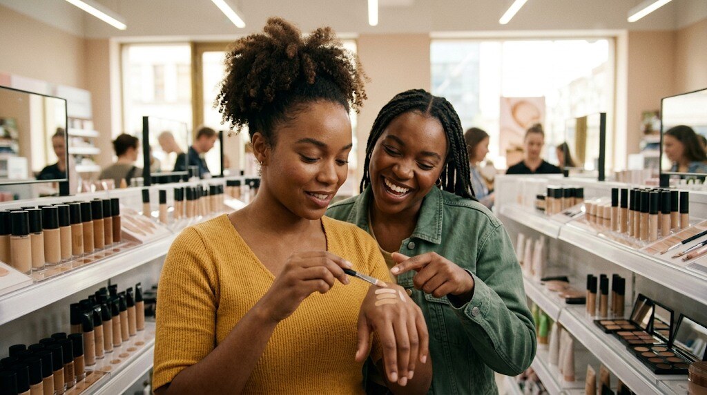 Black woman shopper testing foundation shades on her wrist in a bright beauty aisle