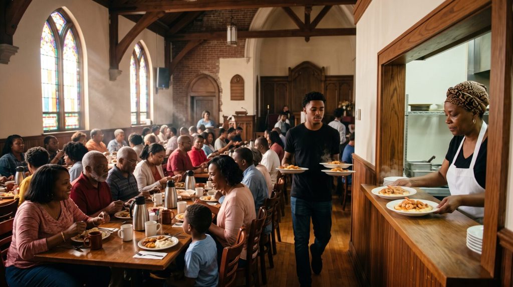 Black woman chef in a headwrap serving plates in a sunlit church cafe full of diners