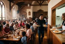 Black Churches Fighting Hunger: Cafes, Gardens and How to Help Black woman chef in a headwrap serving plates in a sunlit church cafe full of diners