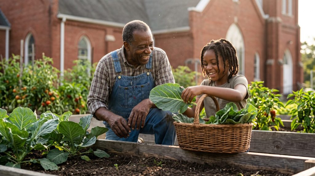 Black grandfather and granddaughter harvesting collard greens in a garden beside a brick church