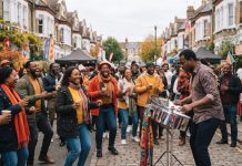 Black History Month UK 2026: Why It’s October and How to Join In Black British festivalgoers and a steel pan musician on a London street of terraced houses