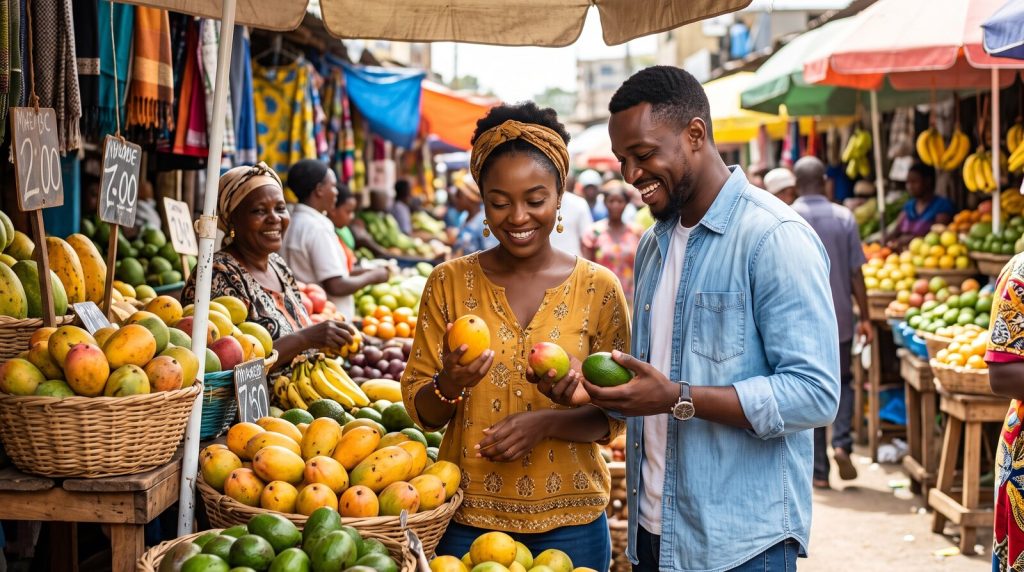 Black couple shopping for fresh produce at a colorful open-air market in Nairobi