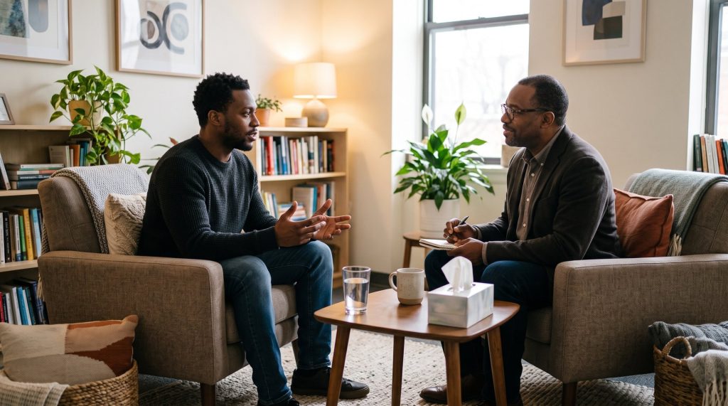 A Black man talks with a Black male therapist in a counseling office