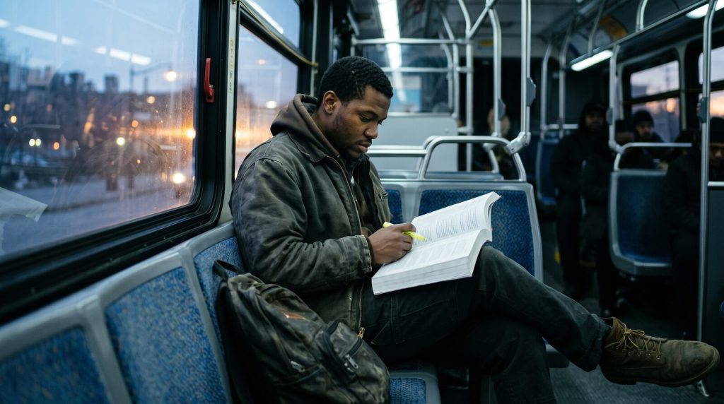 Young Black man in work clothes studying a textbook on an early morning city bus