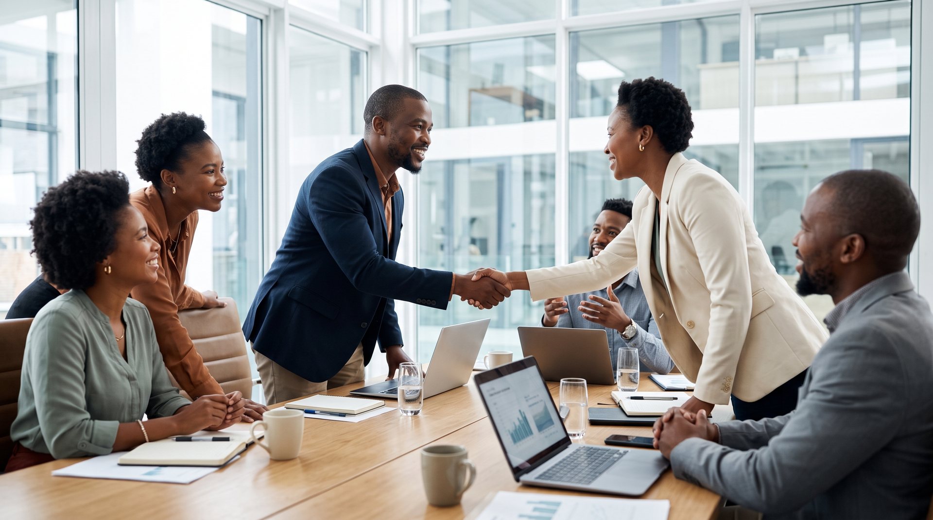 Black professionals shake hands during a corporate meeting