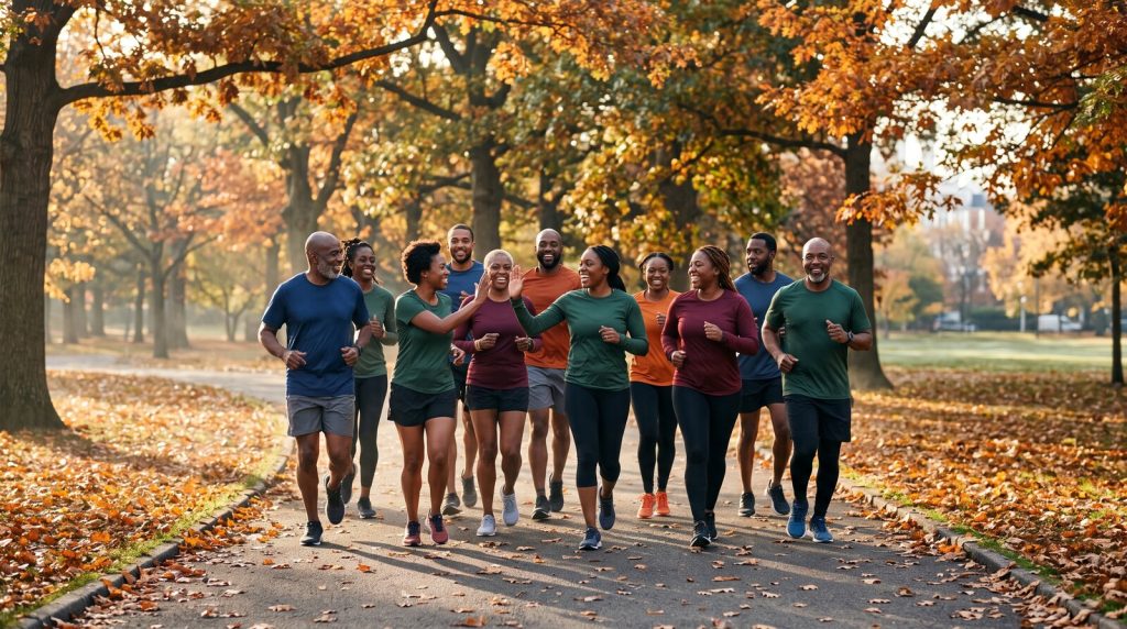 Diverse group of smiling Black runners jogging together along a tree-lined park path on an autumn morning