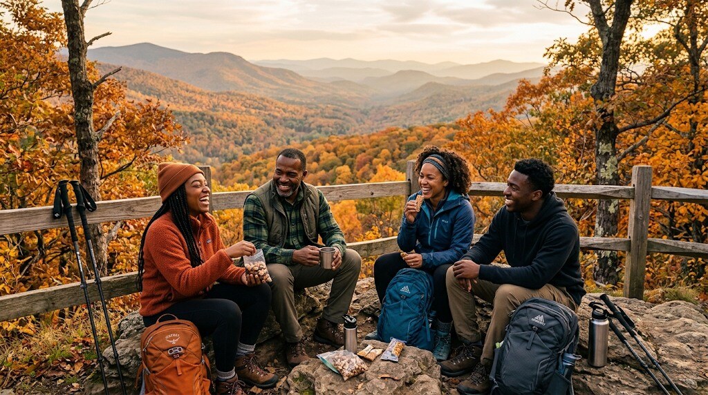 Group of Black hikers resting and laughing at a scenic overlook with fall foliage