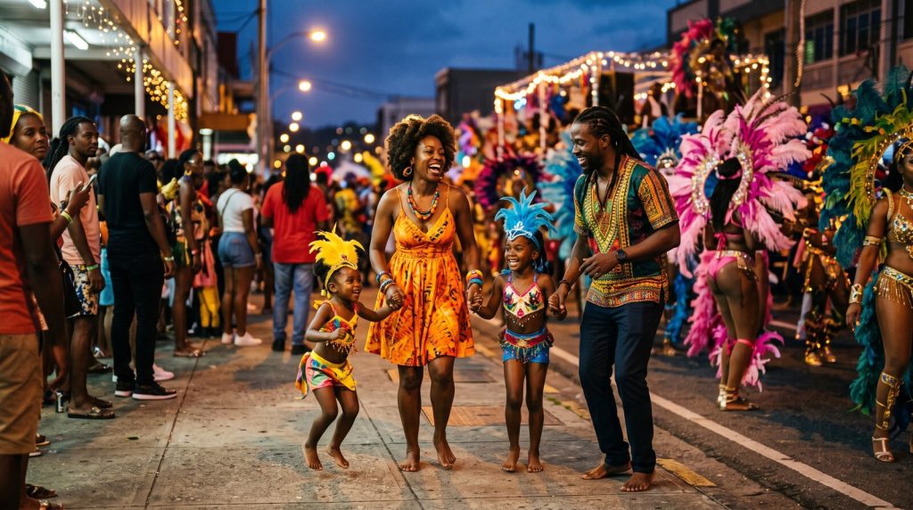 Black family in festival colors watching a nighttime carnival parade on a Caribbean street