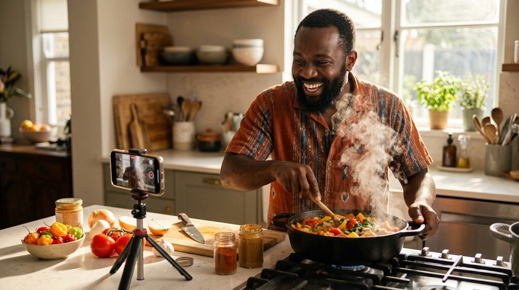 A Black man cooks and records himself with a phone on a tripod in a sunny kitchen