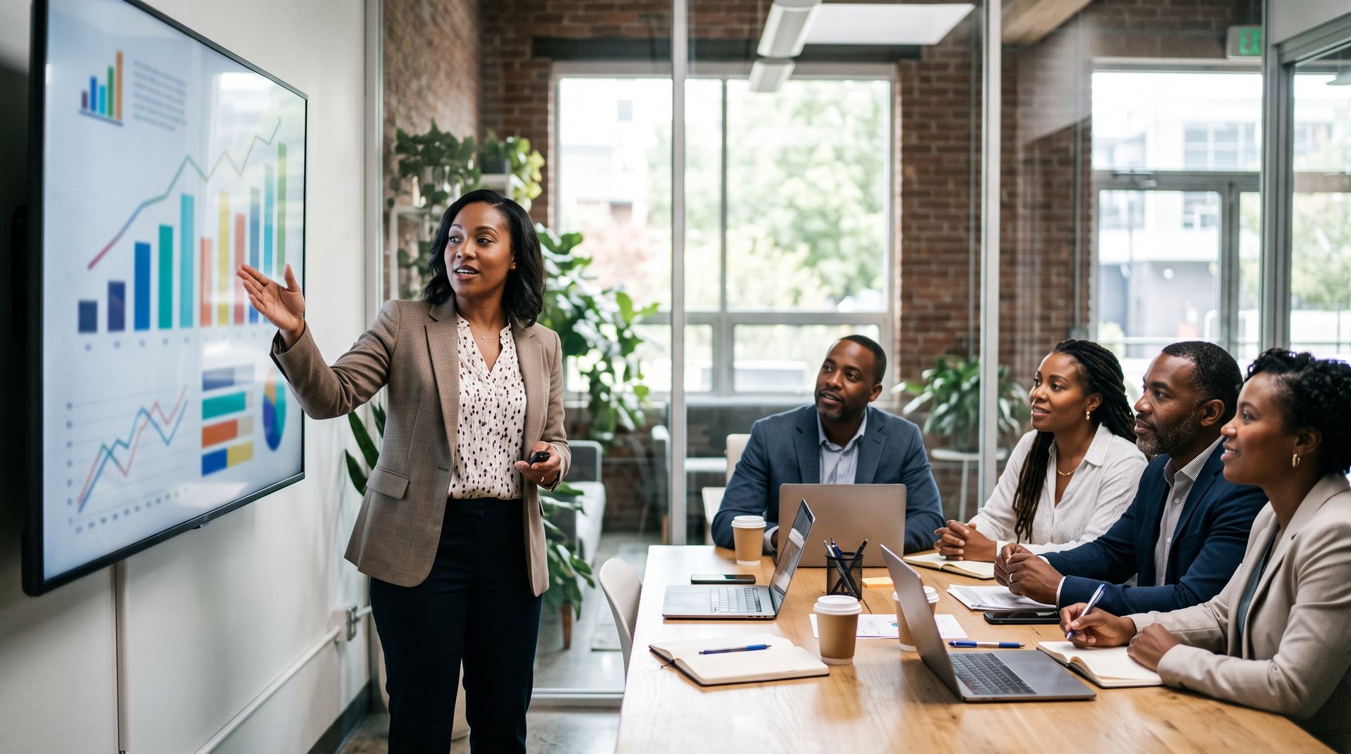 A Black woman presents business growth charts to a team of Black business owners