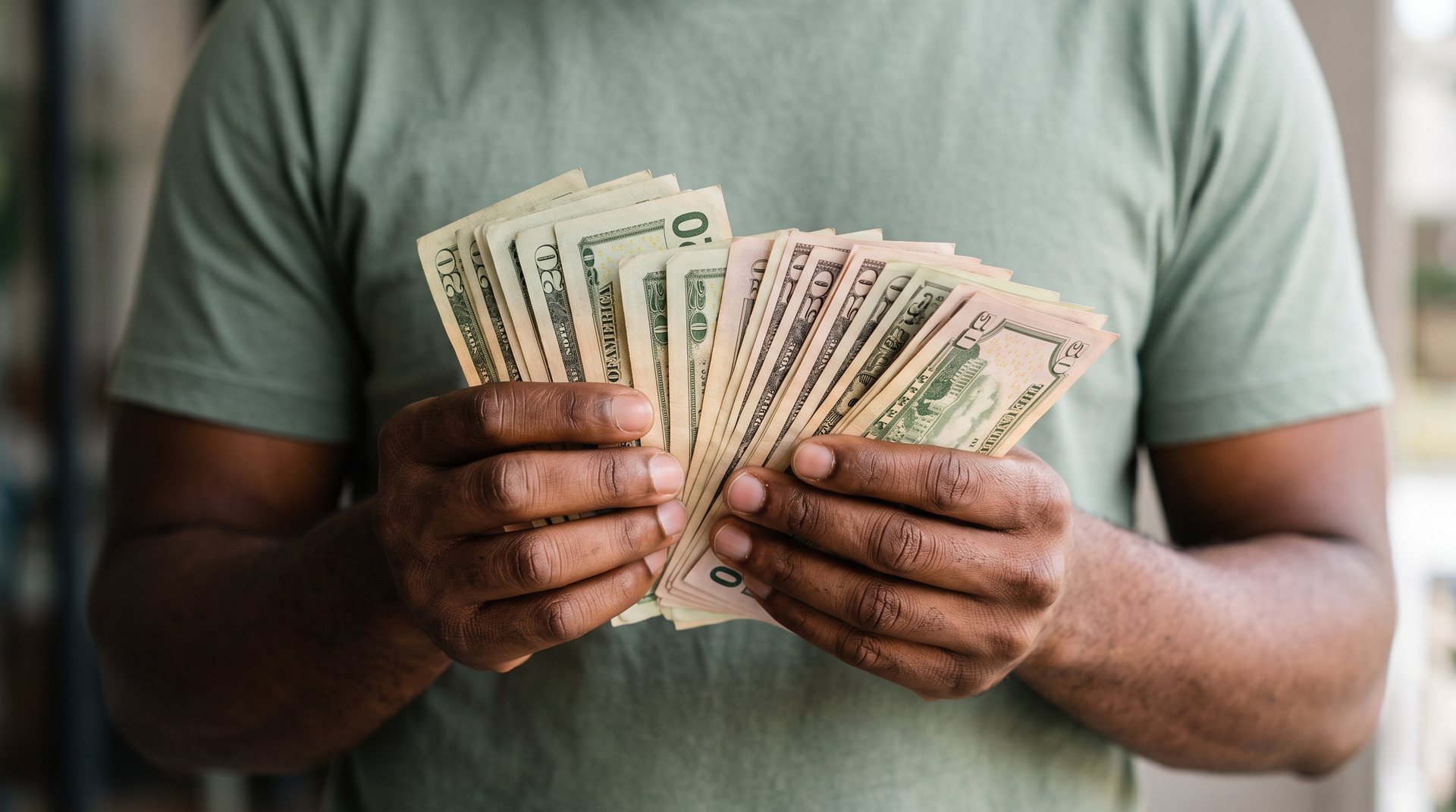 A Black man holds a fan of dollar bills
