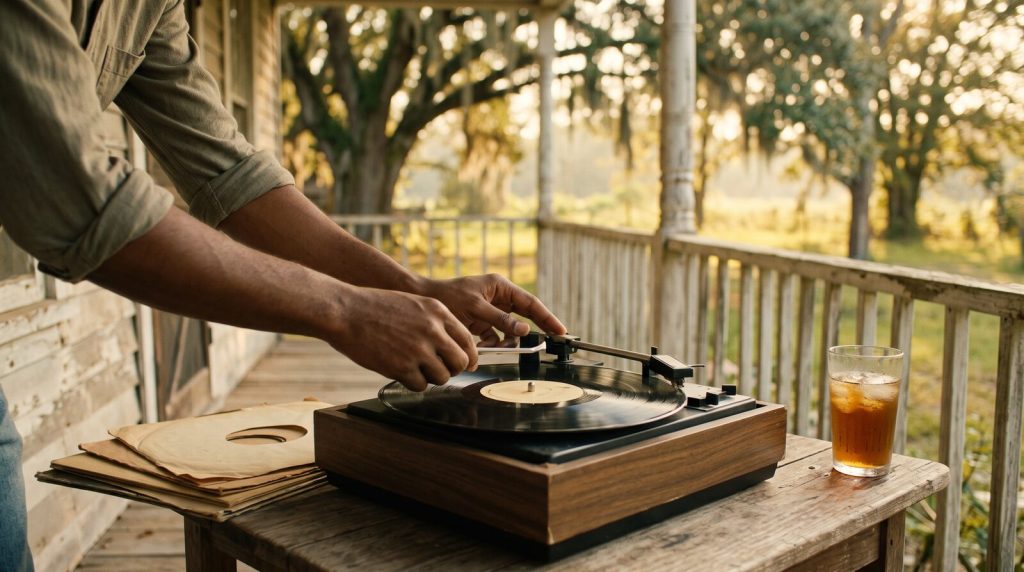 Young man lowers a needle onto a vinyl record on a Mississippi front porch
