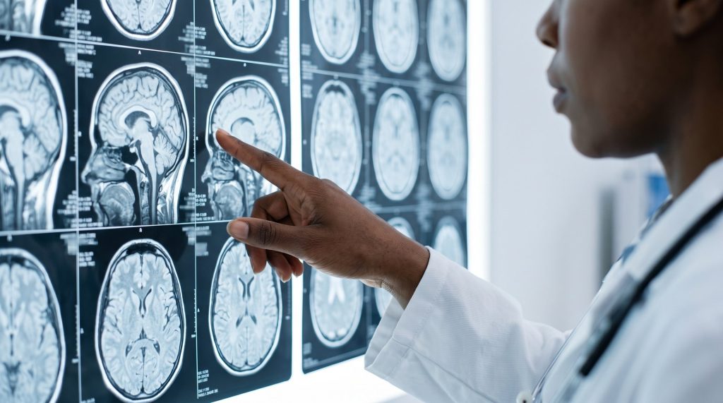 A Black doctor points to brain MRI scans