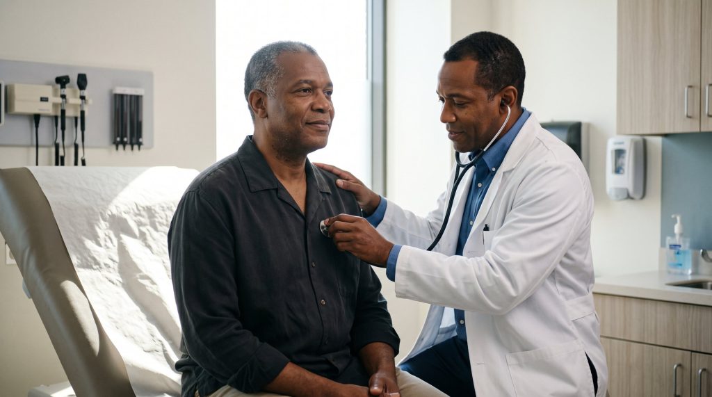 A Black doctor listens to a Black man's heart during an exam