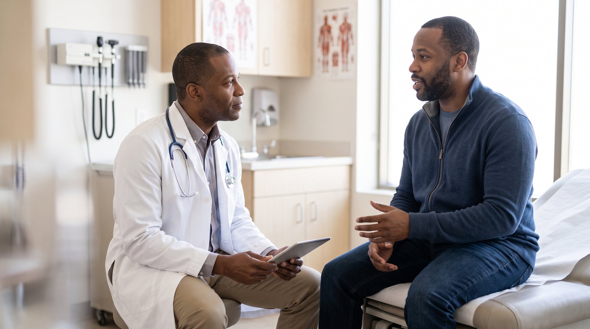 A Black doctor listens to a Black man during a checkup
