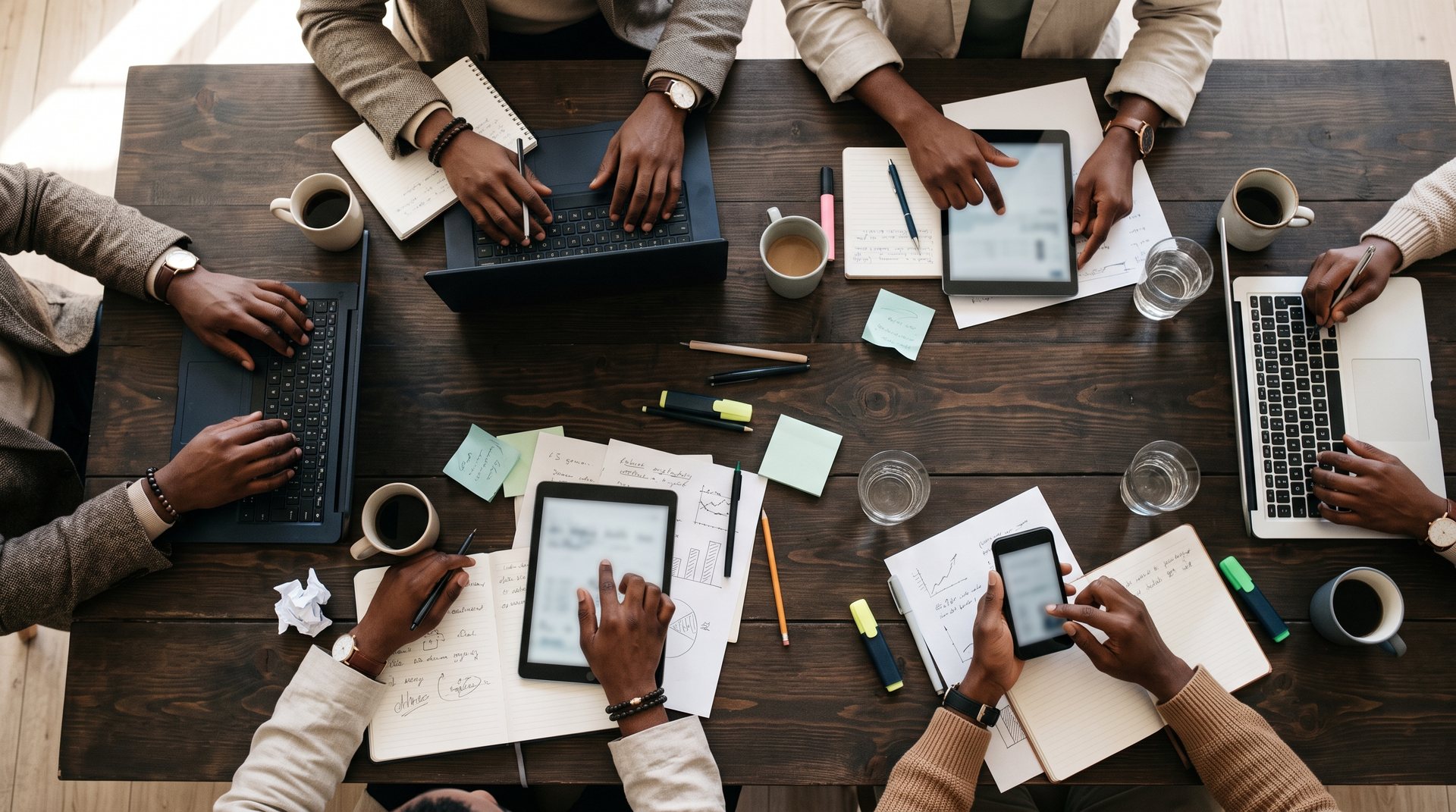 Overhead view of Black entrepreneurs' hands working on laptops and tablets