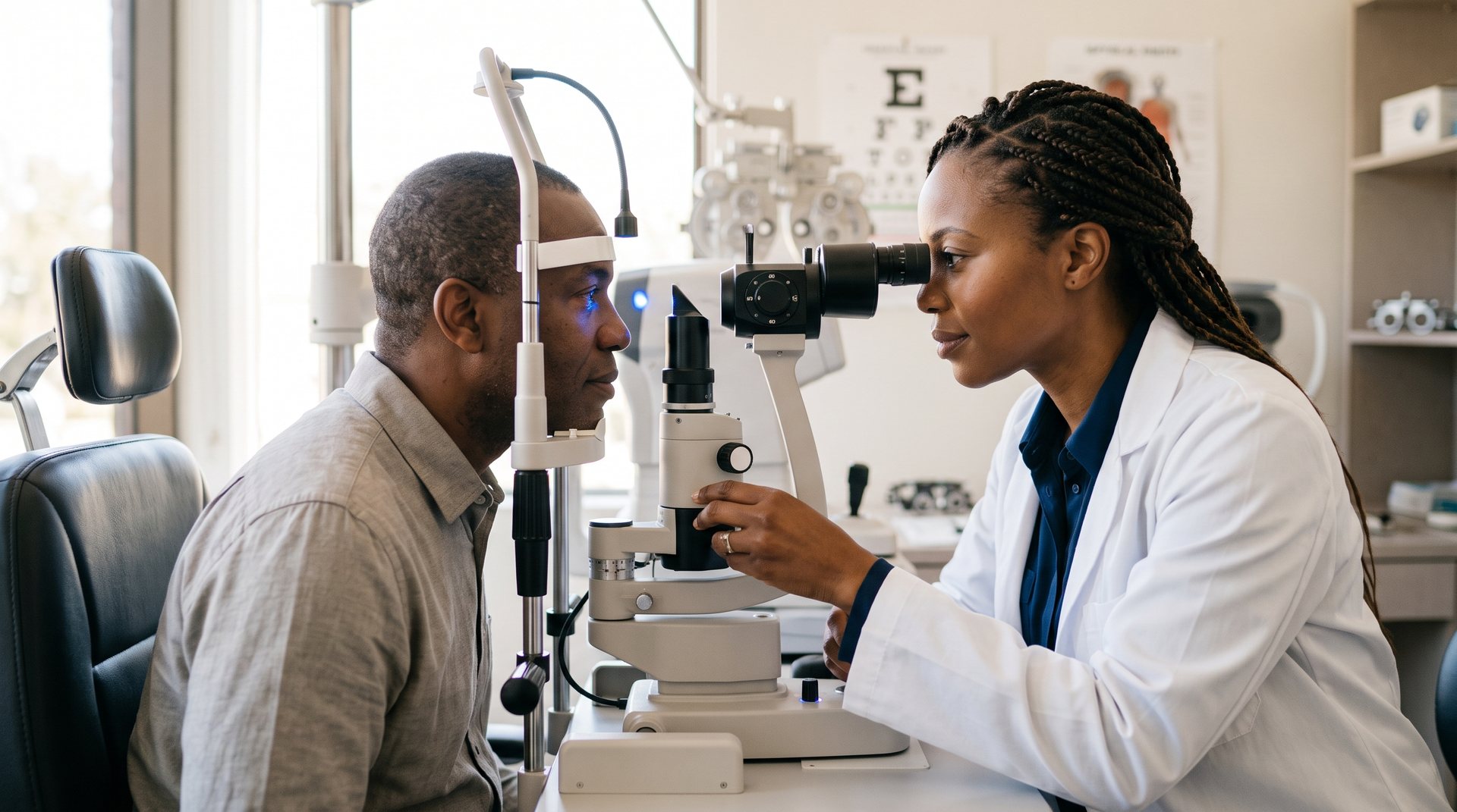 A Black optometrist gives a Black man an eye pressure exam