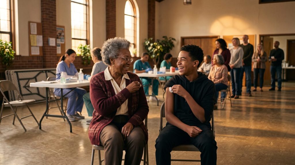 Black grandmother and teenage grandson laughing together after getting shots at a church community clinic