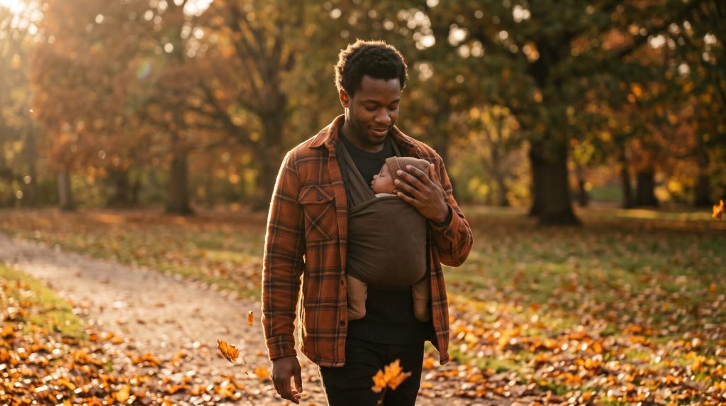 Black father walking through an autumn park with his sleeping newborn in a chest carrier