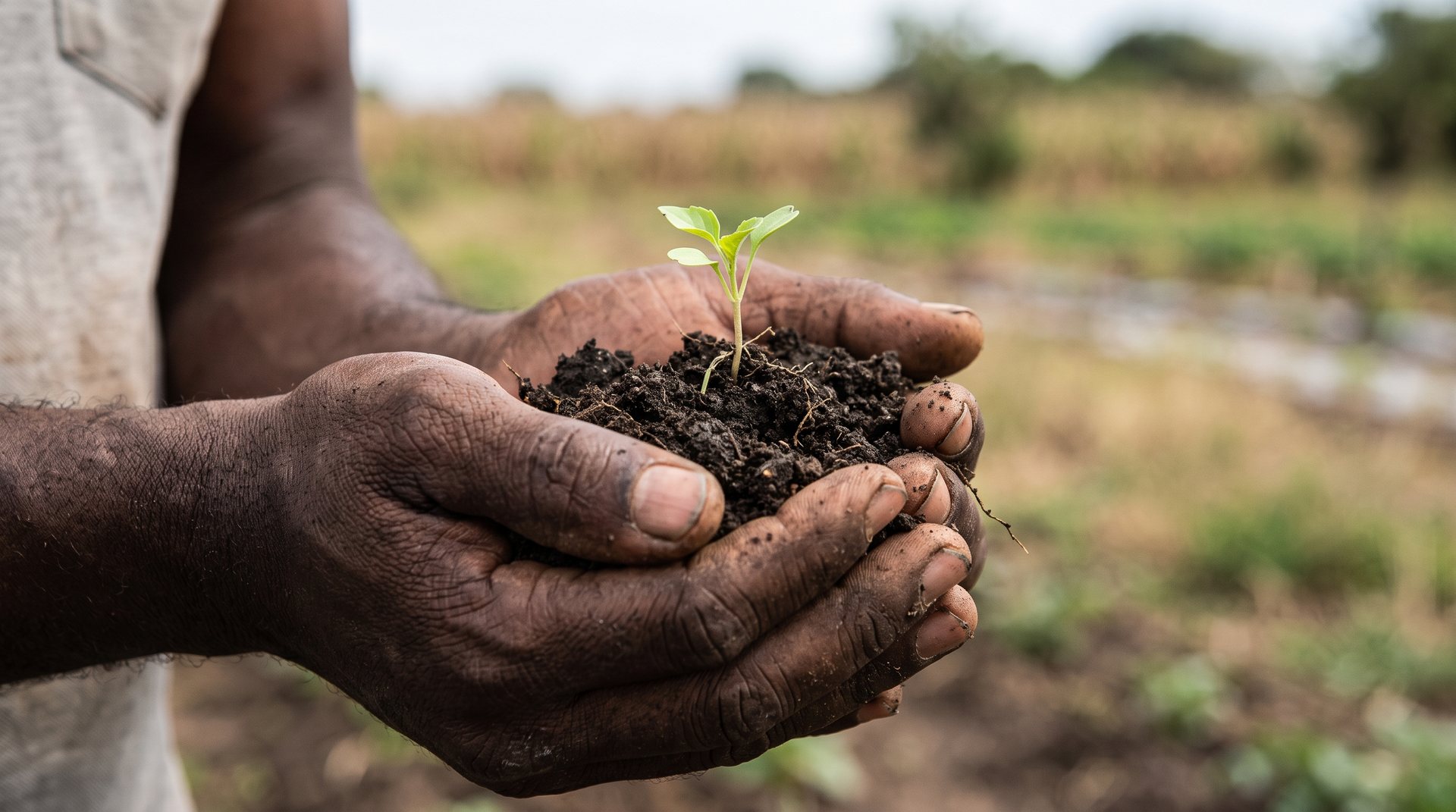 A Black farmer holds rich soil and a seedling in his hands