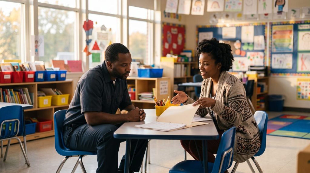 Overhead view of a Black father's hands reviewing school papers on a kitchen table