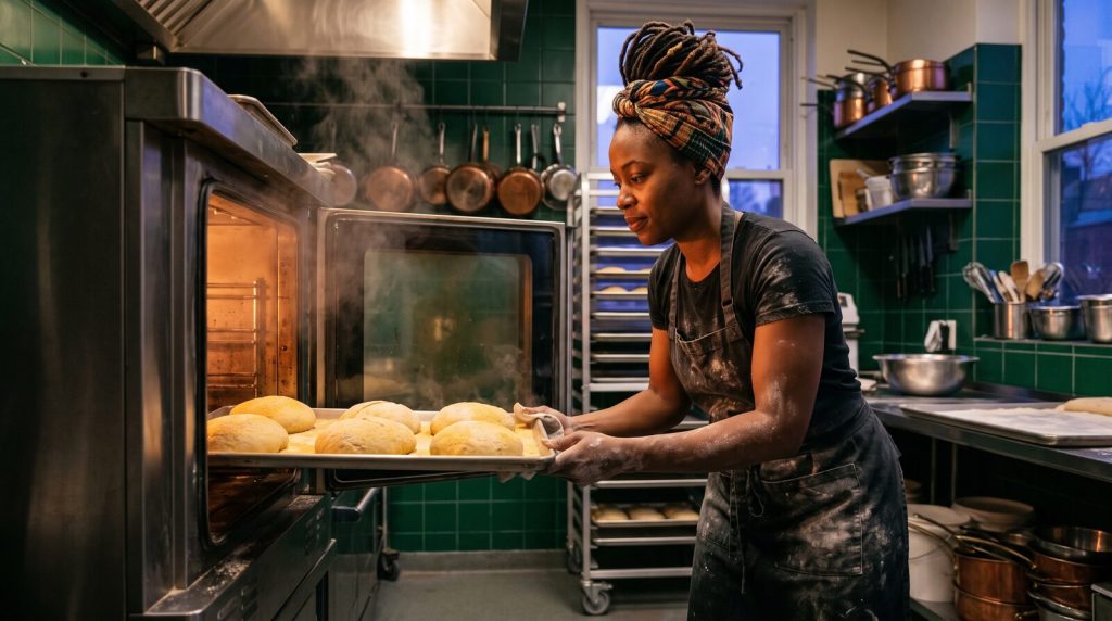 Black woman baker slides a tray of bread into an oven in her small bakery