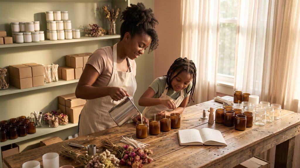 Black mother and young daughter make candles together in a home workshop