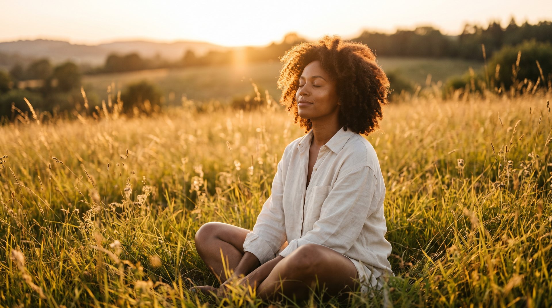 A Black woman with glowing skin relaxes in a sunlit field