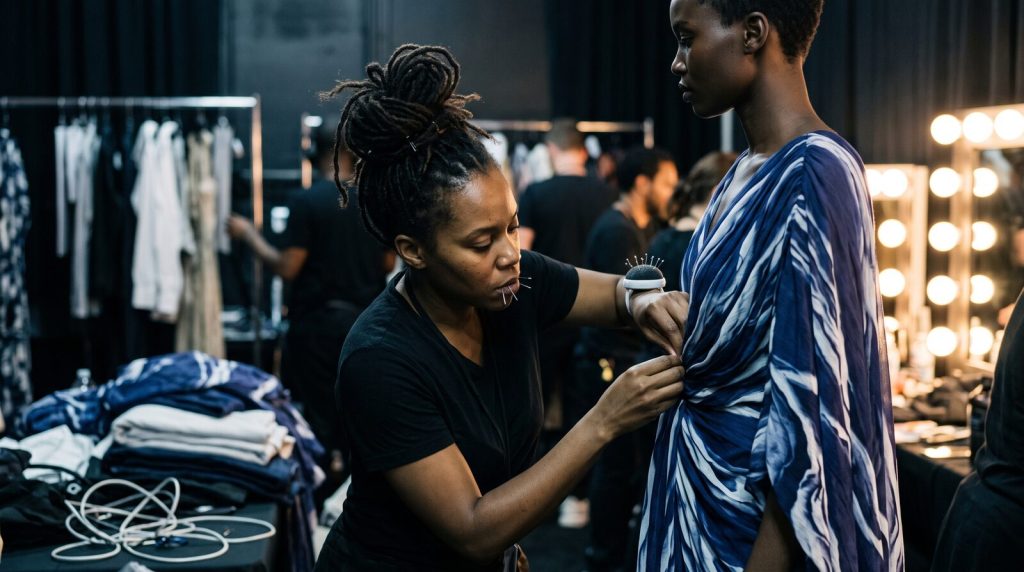 Black woman designer adjusting an indigo and white gown on a model backstage