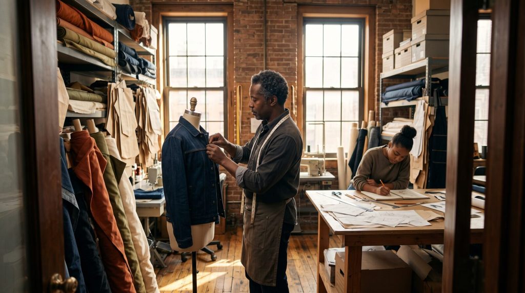 Black tailor pinning an indigo denim jacket on a dress form in a sunlit studio