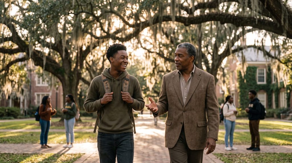 Older Black mentor walking with a young Black male college student under mossy oak trees