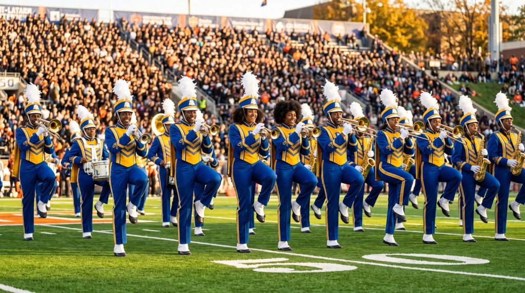 HBCU marching band in bright uniforms performing on a football field on a sunny fall afternoon