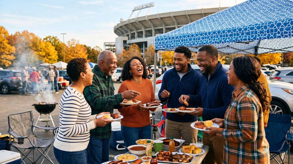 Black alumni laughing together at a tailgate with grills and folding chairs under autumn trees
