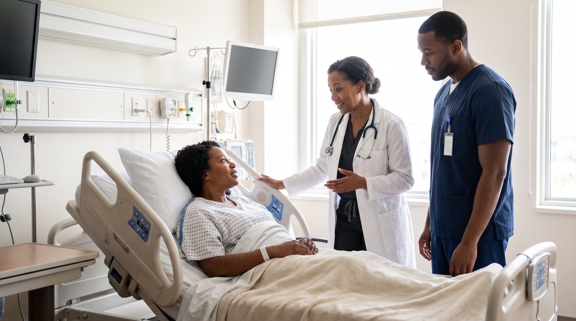 A Black woman patient in a hospital bed talks with her Black doctor and nurse