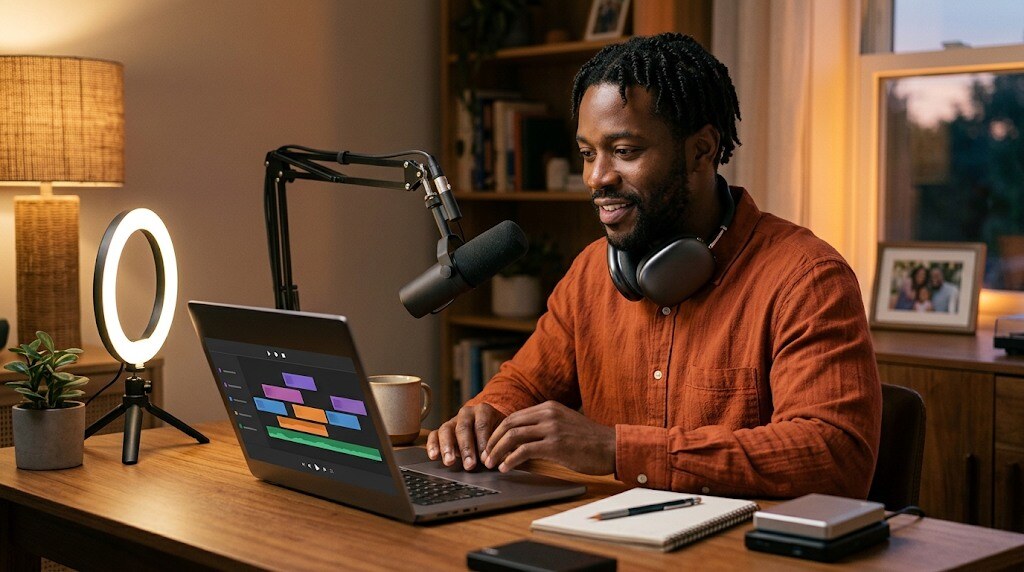 Black man editing a video on a laptop at a desk with a ring light and microphone nearby